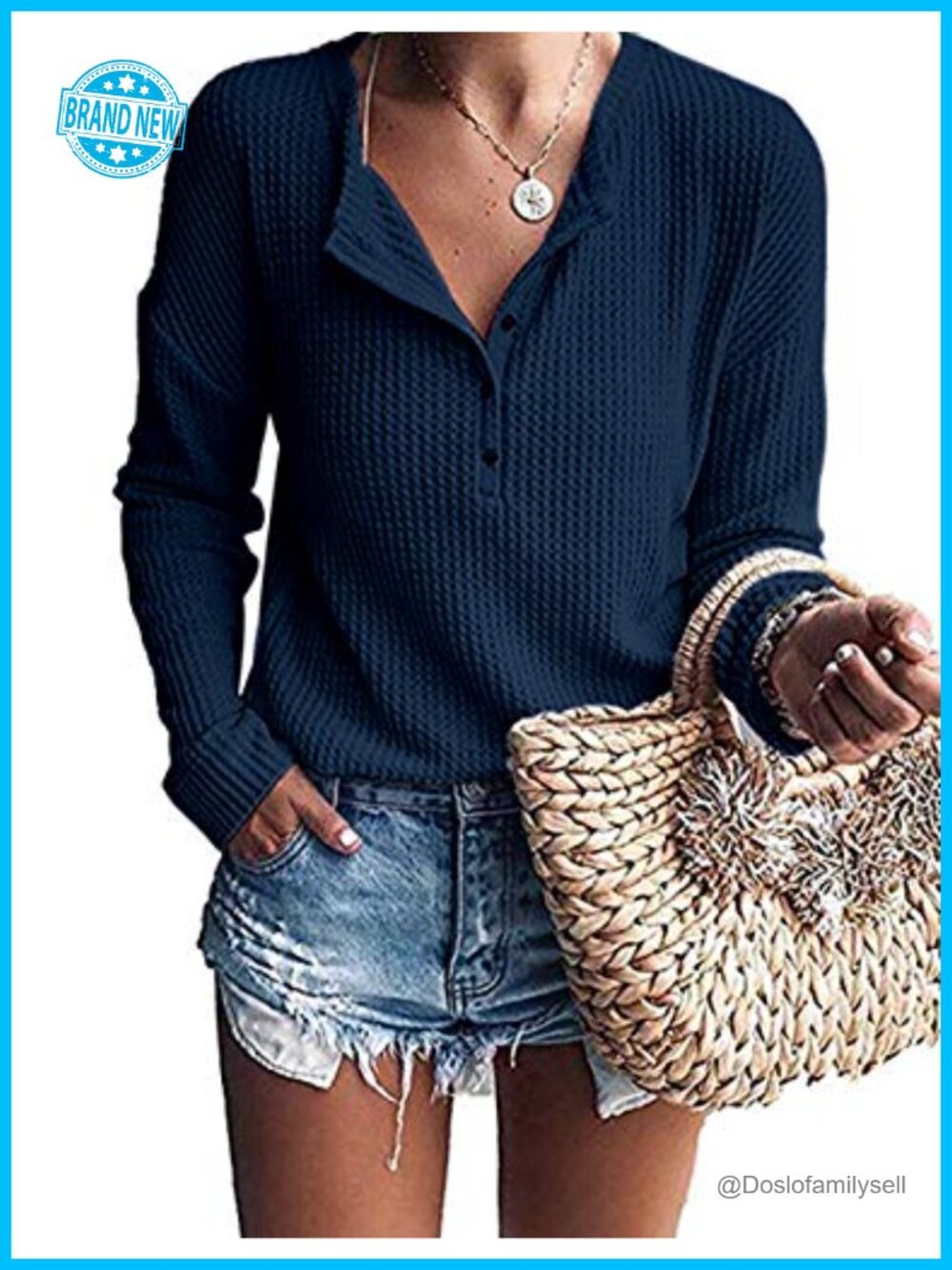 Waffle Knit Henley Tunic Top Long Sleeve Button Down Women's